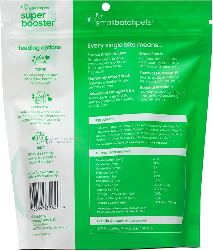 smallbatch Freeze Dried Dog Treats, Superfood Food Topper Duck Bites for Dogs & Cats, Probiotics, Organic Ingredients, High Protein, Grain Free Healthy Treat or Food Topper, Made in the USA, 7 oz Bag