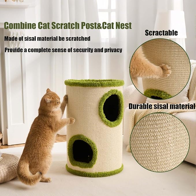 Cat House for Indoor Cats，Scratchable Sisal Material Cat Cave with 2 Hideaways & 3 Soft Pads-Sturdy &Space-Saving Cat Condo Furniture for Multiple Cats & Small Pets, Easy Assembly