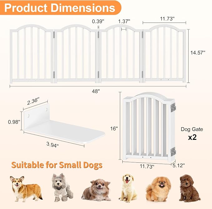 Snughome 2 Pack Short Dog Gate Indoor, 16" High Freestanding Small Dog Gates with Support Feet, Expand Up to 48’’Wide Foldable Pet Gate for Doorway, 8 Panel Pet Door Pet Fence for Puppy, White