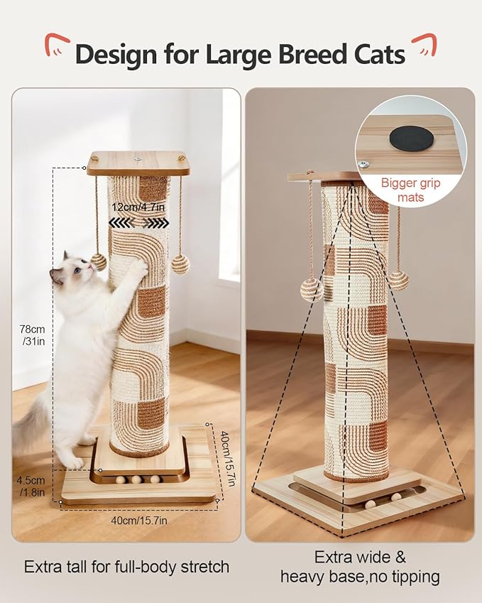 31" Extra Tall Cat Scratching Post, Natural Sisal Cat Scratcher for Indoor Cats Adults & Large Cats, Sturdy Wood Cat Tree Tower with Interactive Ball Track & Top Perch, Modern Design for Home Decor