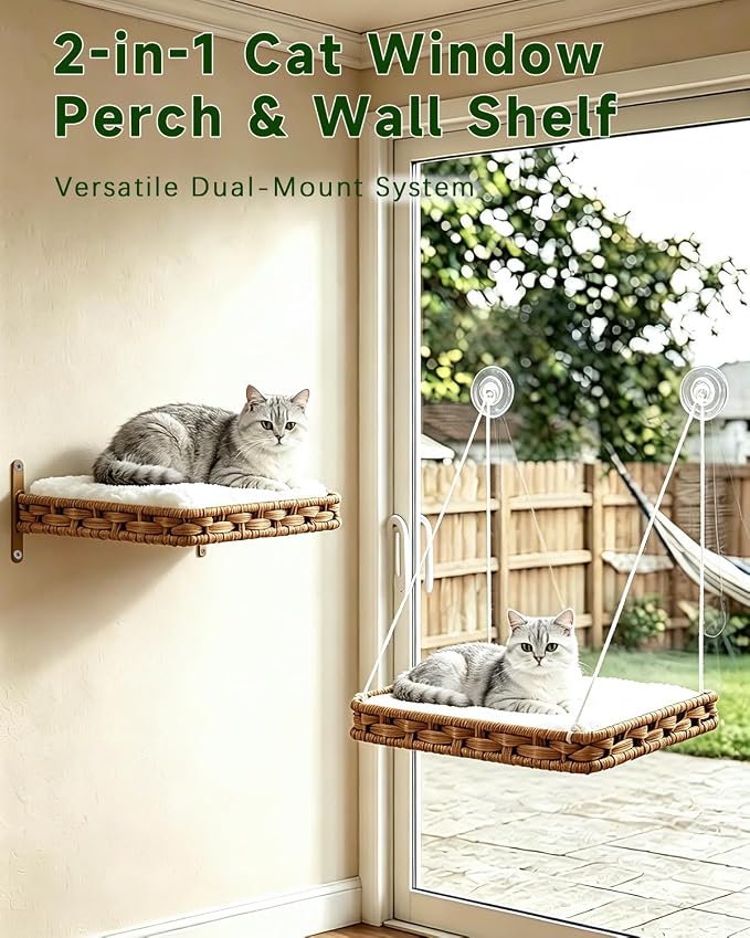 SETVSON Cat Window Perch 2-in-1 Cat Window Hammock Bed & Wall Shelves, Large Handwoven PE Rattan Kitty Seat, 4 Suction Cups,Double Sided Washable Cushion Bed, 2.3 Inch Fence Shelf, Pet Kittens Natural