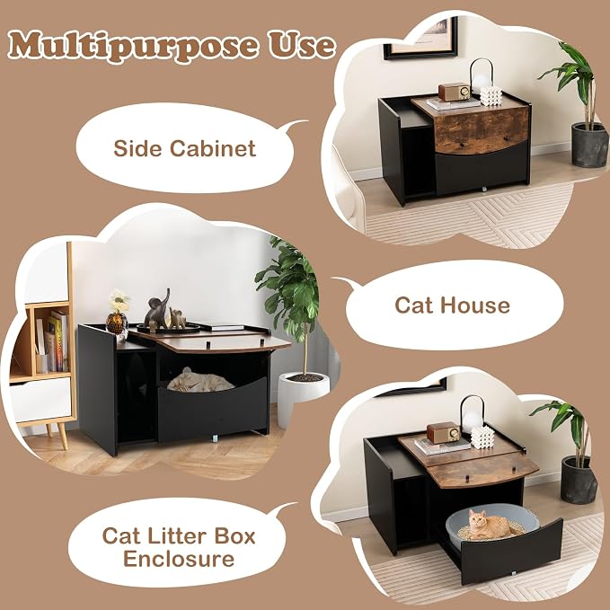 PETSITE Cat Litter Box Enclosure w/Pull-Out Drawer, Hidden Cat Washroom Furniture w/Flip Door, Rolling Caster, Indoor Cat House for Small to Large Sized Cats, Wooden Pet House Side Cabinet