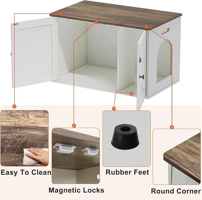Timberer Cat Litter Box Enclosure, Litter Box Furniture Hidden with Removable Divider, Wooden Cat Washroom Furniture, Indoor Cat House, Rustic Brown and White