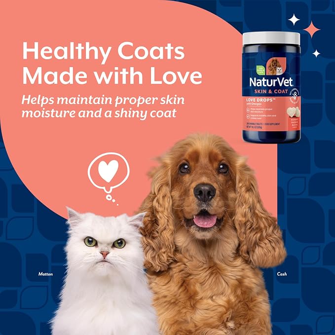 NaturVet Love Drops Plus Omegas Skin & Coat Supplement for Dogs and Cats – for Dog Skin, Cat Coats – Includes Brewer’s Dried Yeast, Omega-3, Omega-6 – Peanut Butter Flavor – 200 Ct.