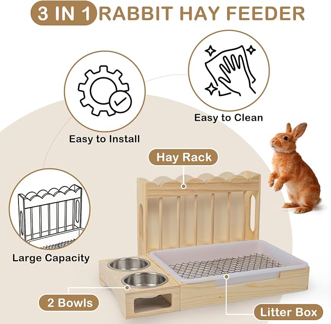 3-in-1 Wooden Rabbit Hay Feeder with Litter Box for Rabbits & Small Pets | Sturdy Wooden Hay Feeder Set for Guinea Pigs, Chinchillas, Hamsters, Ferret and Other Small Animal