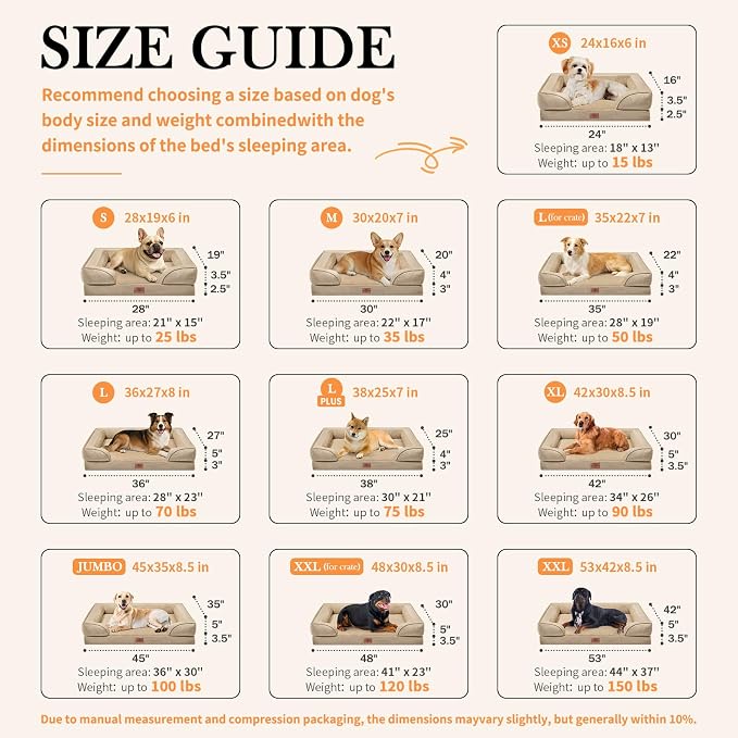 Comfort Expression Orthopedic Dog Bed for Extra Large Dogs 42x30 Inch, Waterproof Egg Crate Foam XL Pet Bed with Removable Bolsters, Dog Couch with Washable Cover & Non-Slip Bottom, Light Brown