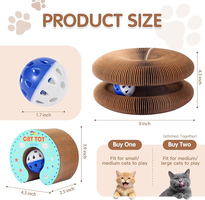 Extensible Cat Scratcher Cardboard Toy | Magic Accordion Scratching Pad with Bell Ball - Foldable & Reversible Interactive Kitty Play for Indoor Cats (1 Pack)