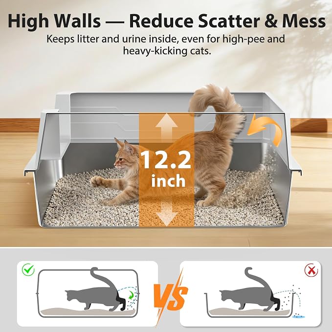 FURTIME Stainless Steel Cat Litter Box, Easy-Clean High-Sided Metal Litter Box, Open-Top Litter Pan for Large Cats, Great for Multi-Cat Homes,Includes Scoop&Mat, Non-Stick, Anti-Leakage, 28"×20"×12.2"
