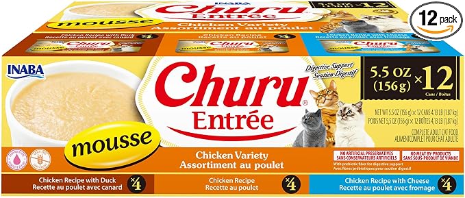 INABA Churu Entrée Mousse for Cats, High Protein & Moisture, Prebiotic Wet Cat Food, 5.5oz. Can, 12 Cans Total, Chicken Variety