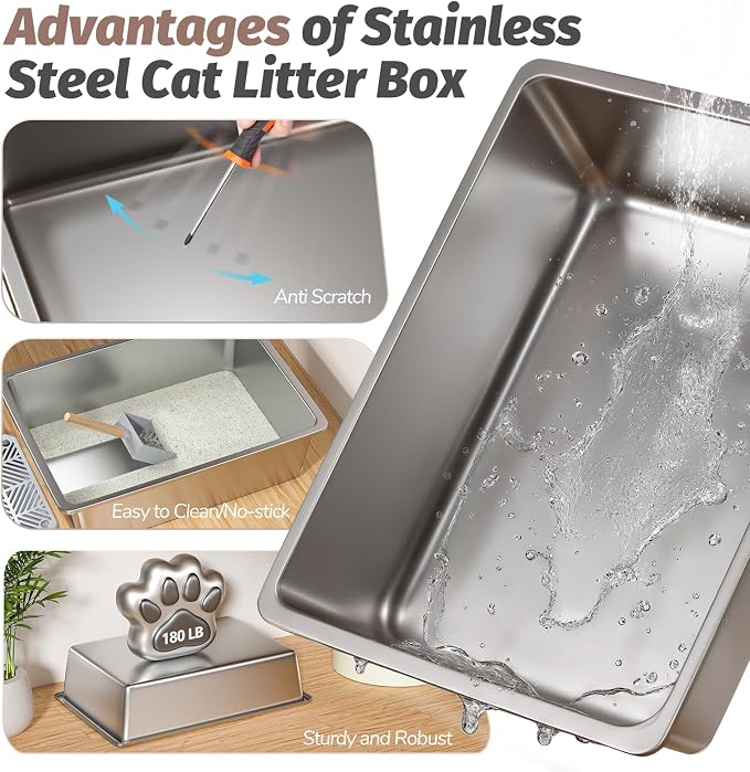 Shikha Stainless Steel Cat Litter Box with 110° Flip-Top Lid -XXL Top Entry Enclosed Litter Box for Large Cats with Deodorization Box, Odor-Free, Non-Sticky, Anti-Leak, Removable Lid for Easy Cleaning
