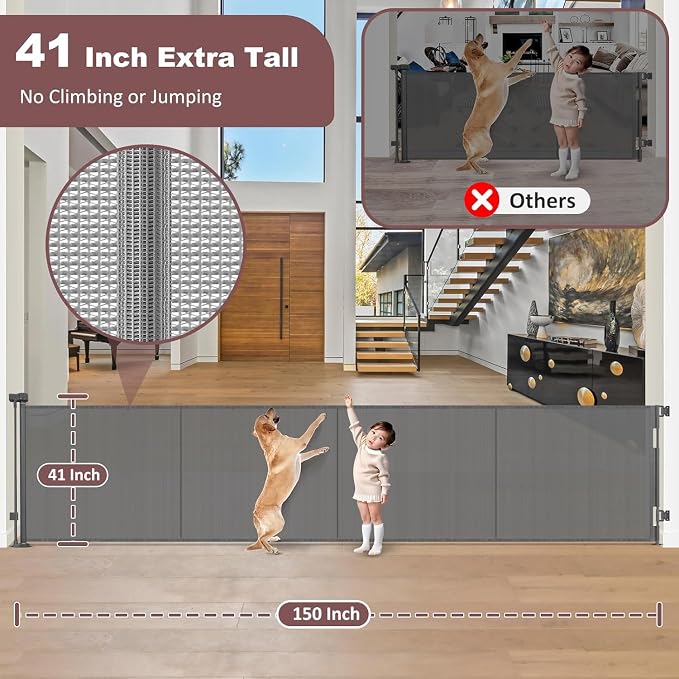 Reinforced 41" Extra Tall Retractable Baby Gates Extra Wide Dog Gate 150" Retractable Pet Gate with Support Rods, Indoor Mesh Gates for Kids or Pets Retractable Fence Outdoor Extra Tall Dog Gate, Gray