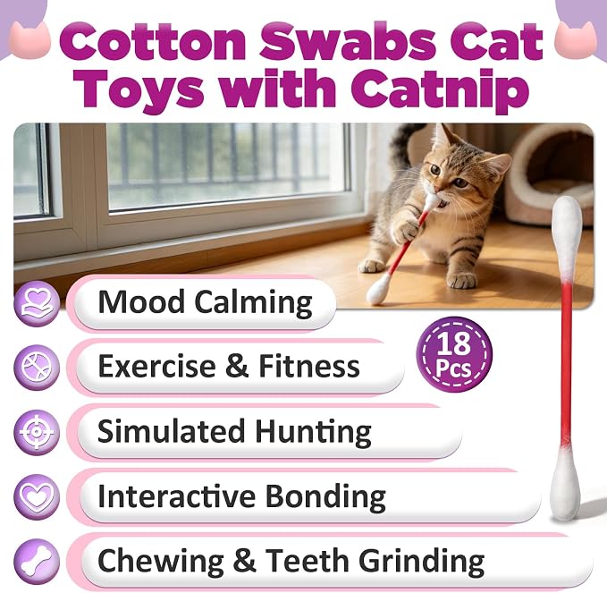 18 Pcs Cotton Swabs Cat with Catnip, Interactive Kitty Kick Sticks | Durable for chew, Soft plushfor, for anxiety and digestive aid