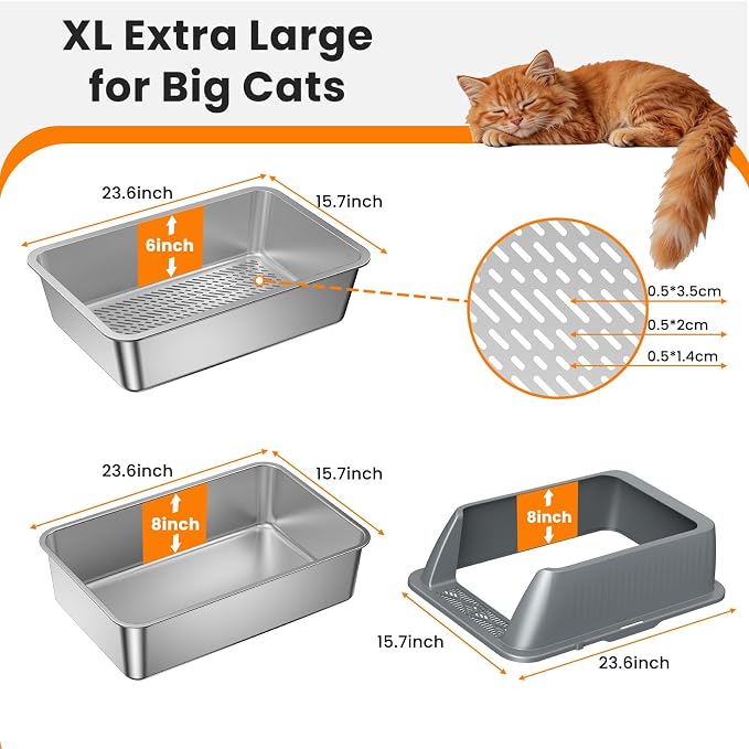 XXL Stainless Steel Sifting Litter Box with Lid,Sifting Cat Litter Box for Wood Pine Pellets,16''High Sides Sifter Litter Pan System,Odor Control,Easy to Clean,with Liners and Scoop
