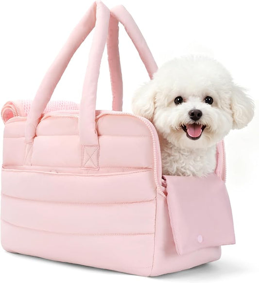 Dog Purse Carrier for Small Dog Cat Rabbit up to 13 lbs, Lightweight Portable Soft Sided Pet Purses, Quilted Puffy Tote Puppy Carrier with Large Pockets for Hiking, Travel, Vet Pink