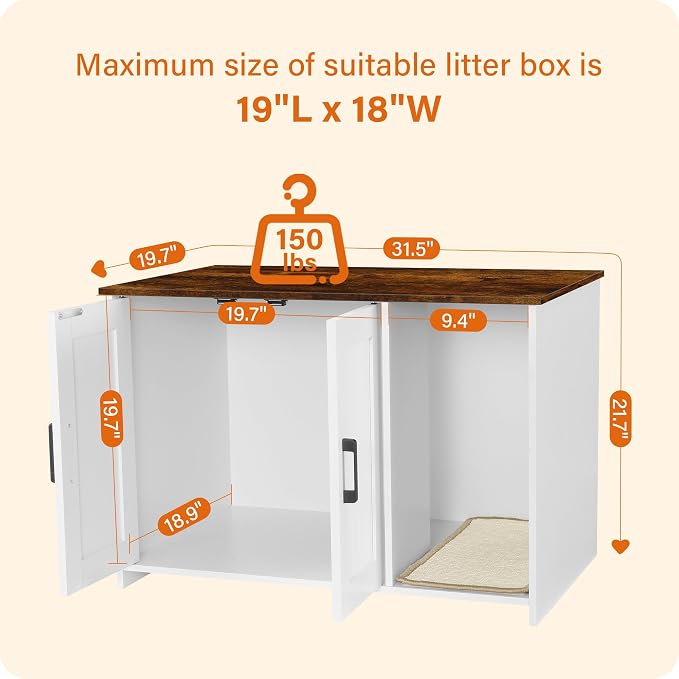 DWANTON Litter Box Enclosure, Cat Litter Box Furniture Hidden, with Scratching Mat, Wooden Cat Washroom Indoor, 31.5" L x 19.7" W x 21.7" H, White and Rustic Brown