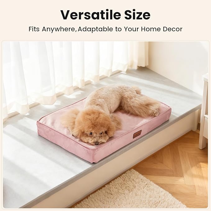OhGeni Orthopedic Waterproof Dog Bed for Small Dogs, Machine-Washable Removable Cover in Easy-Clean Fabric, Reversible Memory Foam & Easy-Carry Handle, Suitable for Crate, 24 inch (Pink)