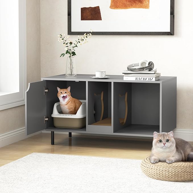 PETSITE Cat Little Box Enclosure, Litter Box Furniture with Removable Scratcher, Metal Legs, Cat Box Enclosure End Side Table, Hidden Litter Box Furniture, 40 x 21 x 22 inches (Grey)