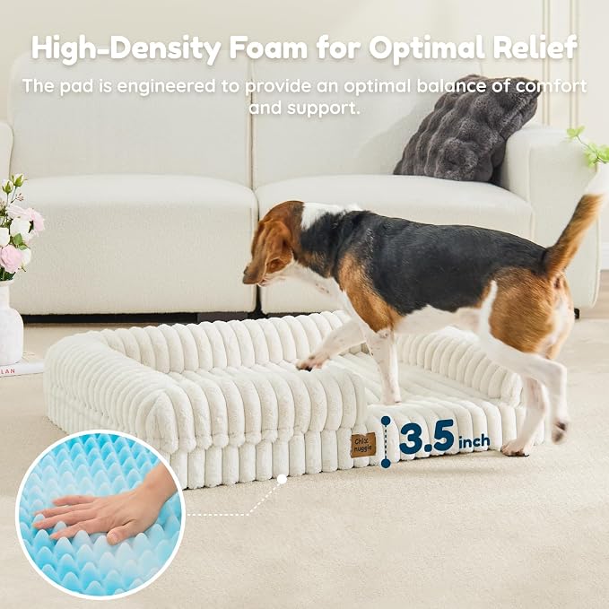 Orthopedic Dog Bed for Large Dogs, Washable Dog Bed with Faux Rabbit Fur Waterproof Cover, High Density Egg Crate Foam Support with 3-Sided Bolsters for Senior Dogs, Non-Skid Bottom,35x28x7, Cream