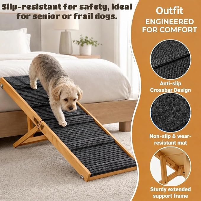 Dog Ramp for Couch & Bed for Dogs, Foldable Small to Large Dog Ramps for Sofa - 39.4" LX15.7 W, 5 Adjustable Height, Portable, Wider and More Stable, Non-Slip, Carry Handle, Walnut