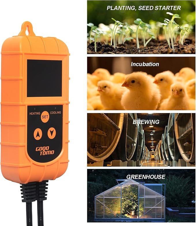 GOQOTOMO Smart Temperature Controller Thermostat Heating and Cooling Mode for Homebrew Fermenter Greenhouse Terrarium 100-240VAC NTC Sensor Improved Version