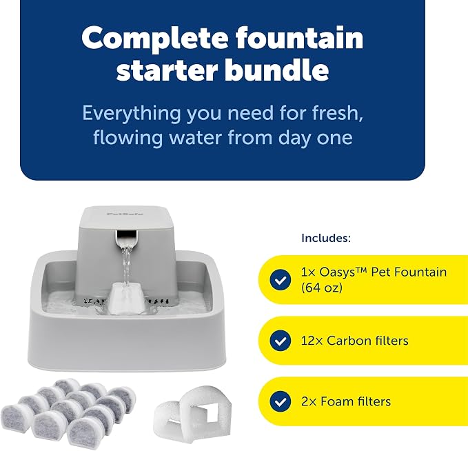 PetSafe Oasys 1/2 Gallon Pet Fountain for Cats and Small Dogs 1/2 Gallon Water Capacity Adjustable Flow Control Fresh, Filtered Water Easy to Clean - Extra Carbon and Foam Filters Included