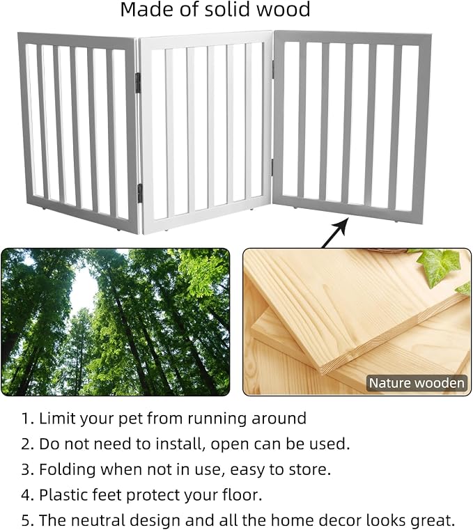 Dog Gate Indoor, Freestanding Dog Fence for The House, Doorways, Hallways,or Stairs,Pet Gate Foldable Wooden,Expandable 24" Height 3 Panels,White