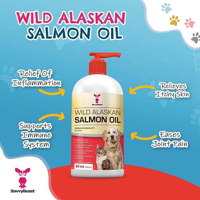 SavvyBeast Wild Alaskan Salmon Oil for Dogs, Cats & Ferrets - Pet Supplement Omega-3 Oil with EPA & DHA - Wild Caught Fish Oil Supports Skin, Coat, Joints, Heart, Brain, Itch Relief & Immune - 32 oz