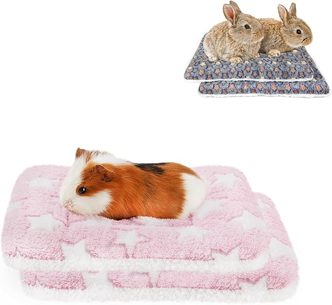 4 Pcs Guinea Pig Bed Mat Washable (2Pcs Size M & L), Rabbit Winter Bed Pad for Indoor, Warm Small Animal Bed Mattres, Fleece Sleeping Pad for Bunny, Rat, Hedgehog, Chinchilla (Pink Star & Stars)
