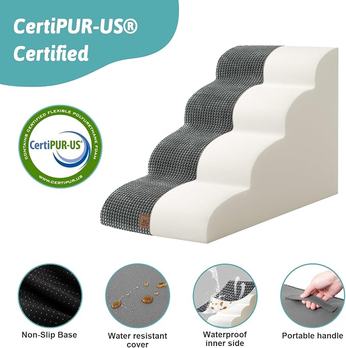 COZY KISS Dog Stairs for Small Dogs 19.7" H, Curved Dog Step for Puppy, Older or Cat, Medium Pet Ramp for Sofa, Couch or Bed, Ladder with High Density Foam, 4 Step, 15.7x28.3x19.7 inch, Charcoal Grey