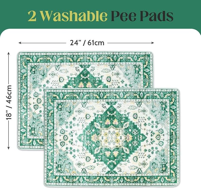 Washable Pee Pads for Dogs 2 Pack Reusable Puppy Training Pads 24"x18" Super Absorbent Waterproof Dog Training Pads, Non-Slip Potty Pads Whelping Pads Litter Mat Pet Supplies - Green Medallion