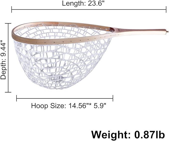 PLUSINNO Fly Fishing Net, Wooden Frame Fishing Landing Net with Magnetic Release, Soft Rubber Mesh Net for Trout Bass Catch and Release, Magnetic Fly Fishing Gear