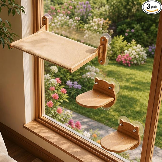Novabright 3 Pcs Cat Window Perch Set with Hammock and 2 Cat Steps Wood Wall Shelves with Sturdy Suction Cup Mount Space-Saving Shelf for Indoor Window Bed for Sunbathing Bird Watching