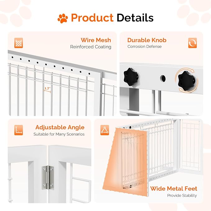 Bonnlo Free Standing Dog Gate, 37" - 68" Wide Pet Gate for Fireplace Stairs Doorways, Metal Adjustable Pet Fence Indoor, Christmas Tree Gate (Metal-White)
