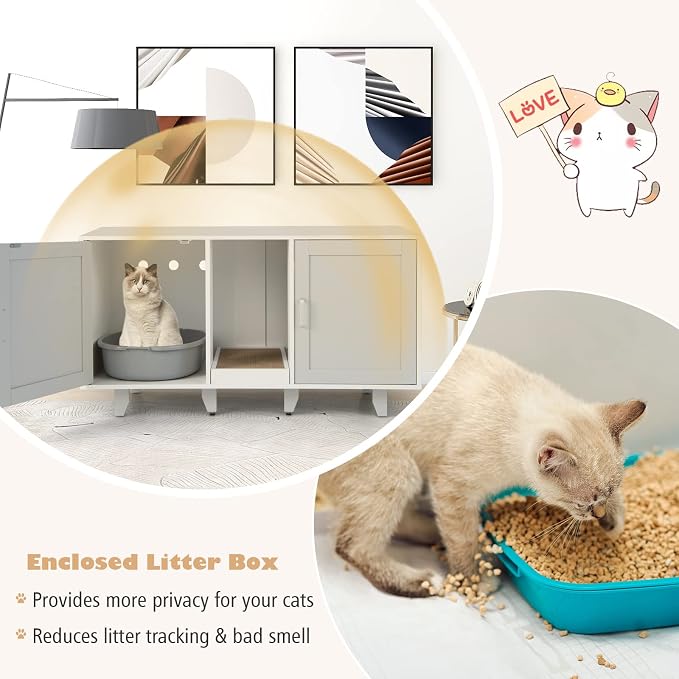 Tangkula Double Cat Litter Box Enclosure for 2 Cats, Large Stackable Hidden Privacy Cat Washroom Cabinet with Scratching Board, Indoor Cat House TV Stand Side Table, Litter Box Furniture (Grey)