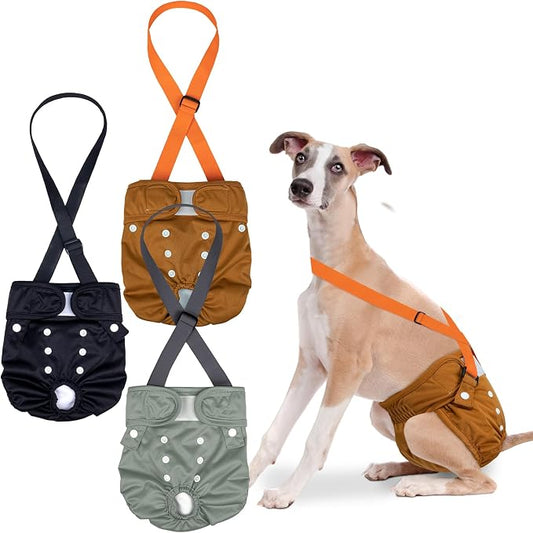 Pet Soft Dog Diapers Female with Suspenders, 3 Pack Reusable Female Dog Diapers for Heat, Dog Period Panties for Doggie in Cycle(Large, Deepcolor)