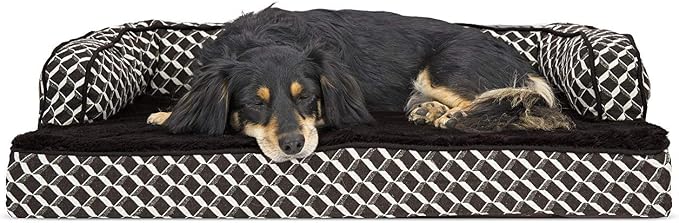 Furhaven Orthopedic Dog Bed for Medium/Small Dogs w/ Removable Bolsters & Washable Cover, For Dogs Up to 35 lbs - Plush & Woven Decor Comfy Couch Sofa - Diamond Brown, Medium