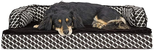 Furhaven Orthopedic Dog Bed for Medium/Small Dogs w/ Removable Bolsters & Washable Cover, For Dogs Up to 35 lbs - Plush & Woven Decor Comfy Couch Sofa - Diamond Brown, Medium