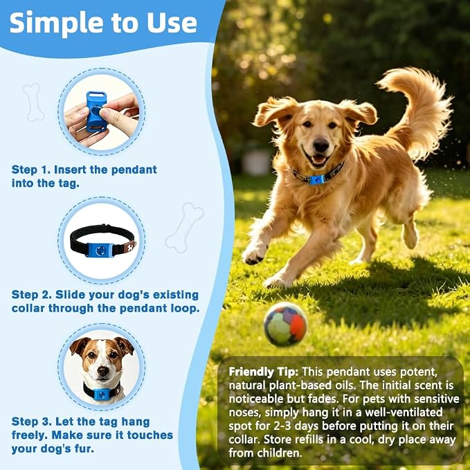 Natural Flea and Tick Prevention Pendant for Dogs Flea and Tick Collar, Waterproof Flea and Tick Repellent Dog Tag Safe for All Breeds & Sizes with 2 Silicone Buckles & 4 Refills, Collar NOT Included