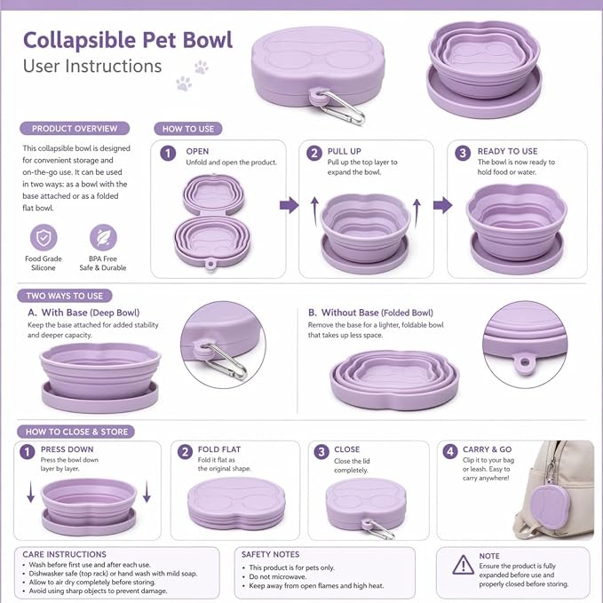 Portable Collapsible Dog Bowl, 2-in-1 Foldable Pet Feeding & Water Dish with Carabiner Lightweight Travel Bowl for Dogs & Cats, Perfect for Walking, Hiking, Camping (Pink)