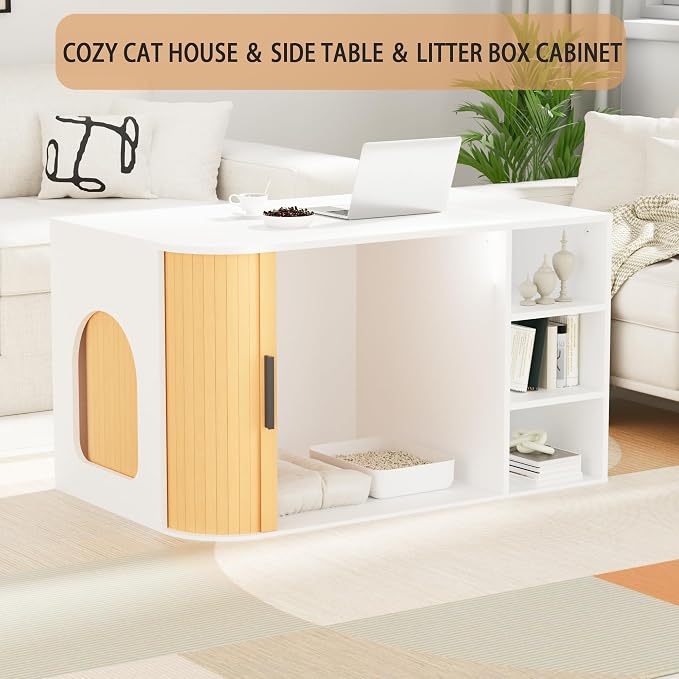 Cat Litter Box Enclosure Litter Box Furniture Hidden with Sliding Door Wooden Washroom Modern Indoor Cat House Table Nightstand Side End Table Box Cabinet,White and Natural