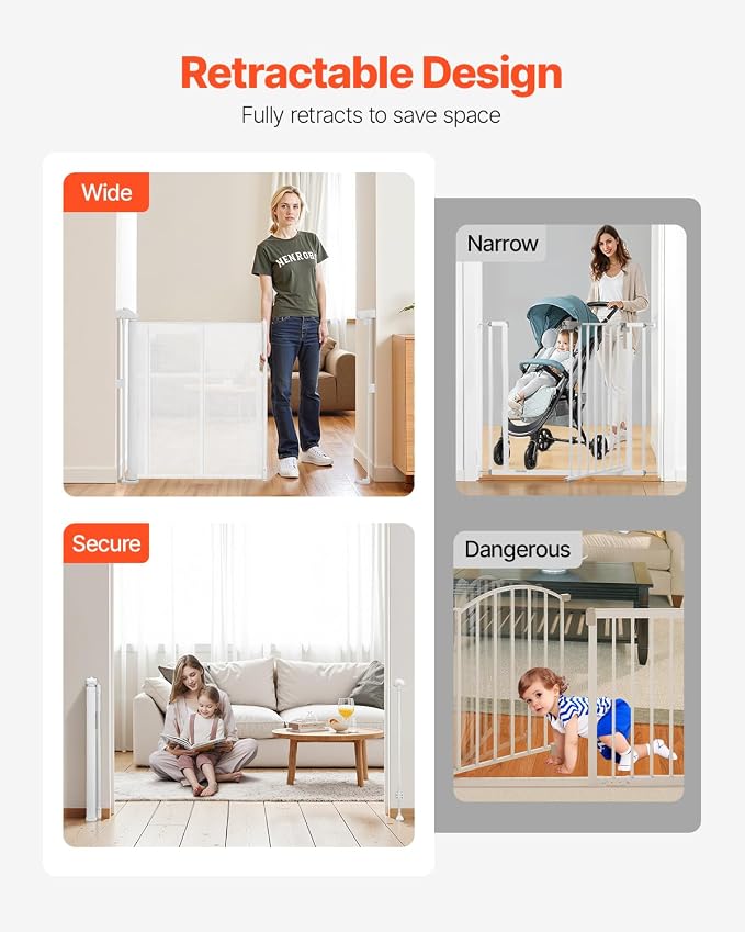 VEVOR Retractable Baby Gate, 34 inch Tall, Extends up to 55 inch Wide, Retractable Gate for Kids or Pets, Mesh Material, Easy to Install for Indoor Stairs, Doorways, Hallways, Playrooms, White