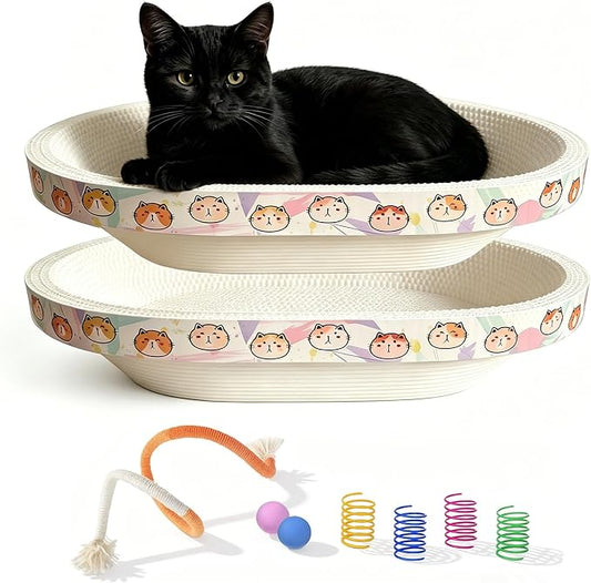 2PCS Upgrade Cat Cardboard Scratcher with Toys, No Mess Oval 16.7" x 12.8" Kitty Scratching Board for Indoor Kitten Play Scratch Bed Sofa Furniture Protector