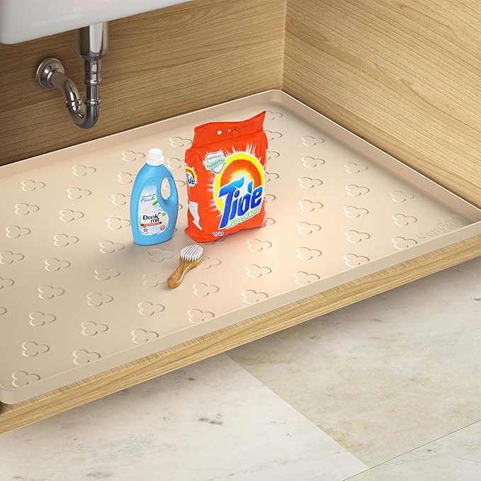 Under Sink Mat- 34" x 22" Waterproof Kitchen Cabinet Mat - Flexible Silicone Under Sink Liner - Kitchen Bathroom Cabinet Mat and Protector for Drips Leaks Spills (Beige)