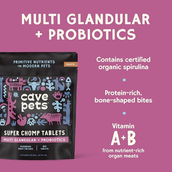 Cave Pets, Super Chomp Tablets, Dog Probiotic Supplement for Digestive Health, Multi-Glandular & Probiotics, 60 Tablets