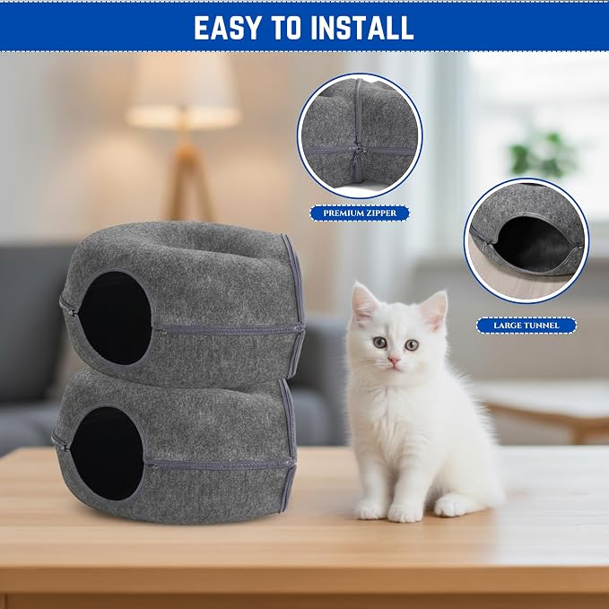 Trivon Peekaboo Cat Tunnels for Indoor Cats, Cozy Indoor 8-Shaped Donut Hideaway Bed with 12 Toy Balls, Bonus Bird Toy and Toy Gun, Scratch-Resistant, Detachable & Washable Design