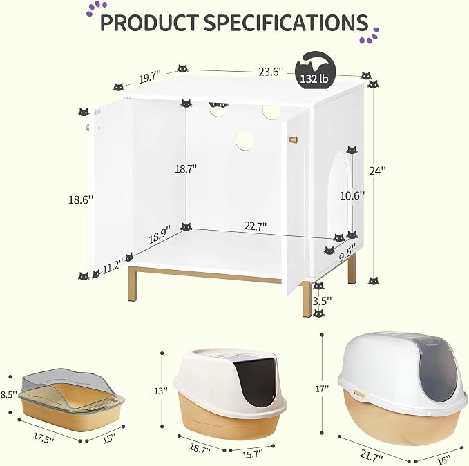 Hzuaneri Cat Litter Box Enclosure, Hidden Litter Box Furniture Cabinet, Wooden Indoor Cat House, Side End Table, Living Room, Bedroom, White and Gold CB81203G