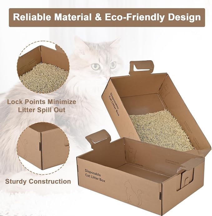 6 Pack Disposable Litter Boxes for Cats, 17.4" x 12.3" x5.4" Large Cardboard Cat Litter Box, Extra Thick Portable Travel Litter Box for Cats, Foldable, Waterproof, Leak Resistant (Large, Count, 6)