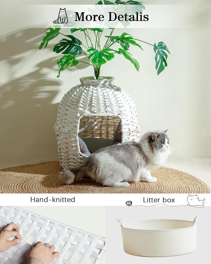 SETVSON Cat Litter Box Plant Enclosure, Hidden Handwoven Rattan with Cat Litter Box Furniture and Artificial Plants, Odor Control Filter, Real Stones in Living Room, Bedroom, Corner (White)