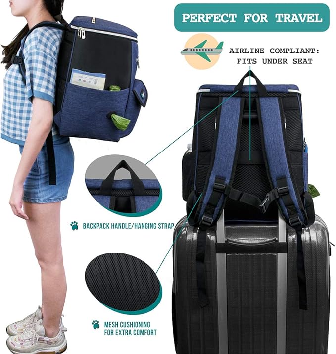 PetAmi Dog Travel Bag Backpack, 27L Airline Approved Pet Supplies Organizer with 2 Food Containers, 2 Collapsible Bowls & Poop Bag Dispenser, Weekend Road Trip Camping Dog Mom Gift, Navy Blue