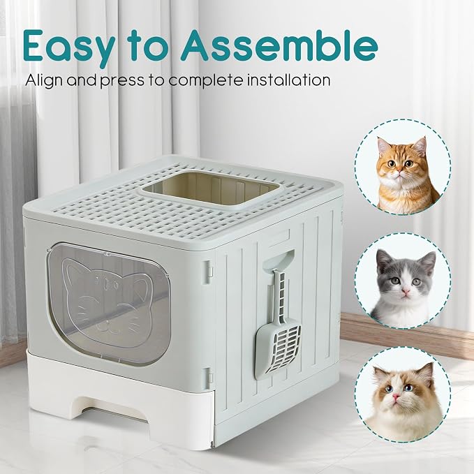 OLIXIS Foldable Cat Litter Box with Lid, Large Cat Box with Scoop, Front Entry Top Exit Kitty Litter Boxs with Door, Easy Cleaning Drawer Design Odor Control, Grey